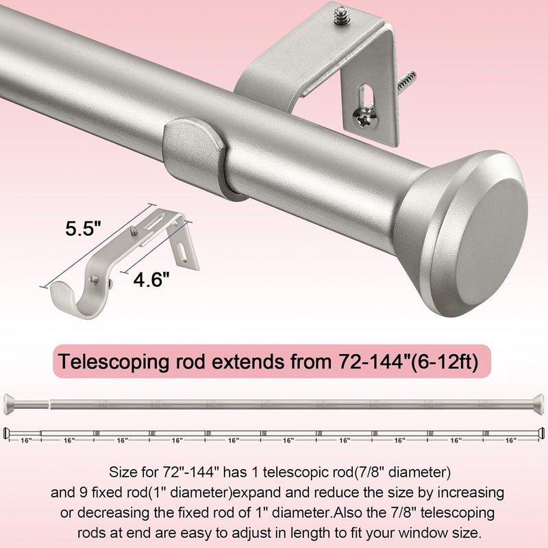 SIMEWIN Heavy Duty Curtain Rods for Windows 72 to 144 Inches, 1 Inch Silver Adjustable Curtain Rods with Diamond Finials (Silver,72-144) - Image 5